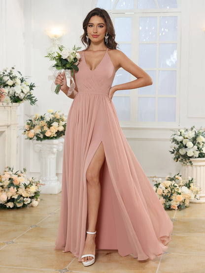 A-Line/Princess Spaghetti Straps Long Wedding Party Dresses with Split Side