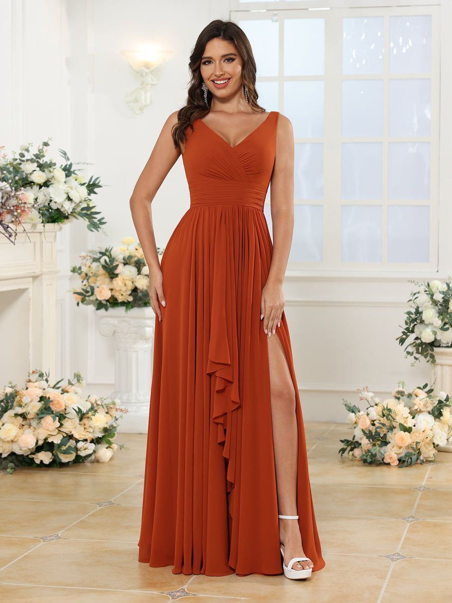 A-Line/Princess V-Neck Long Wedding Party Dresses with Split Side