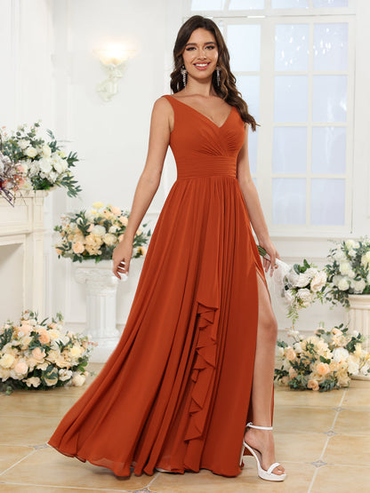 A-Line/Princess V-Neck Long Wedding Party Dresses with Split Side