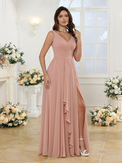 A-Line/Princess V-Neck Long Wedding Party Dresses with Split Side