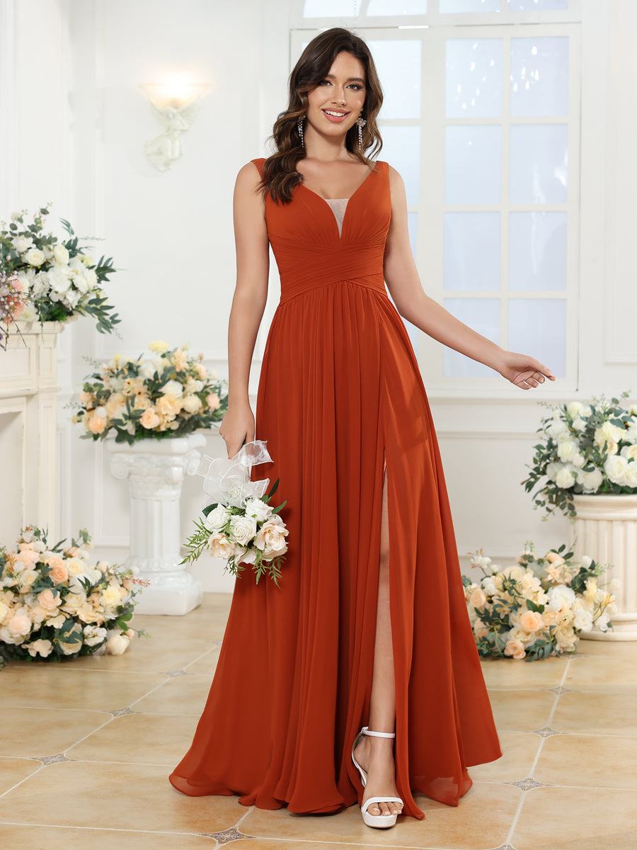 A-Line/Princess V-Neck Long Wedding Party Dresses with Split Side & Pockets