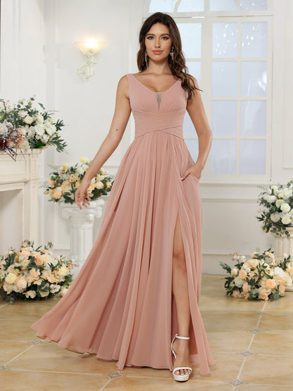 A-Line/Princess V-Neck Long Wedding Party Dresses with Split Side & Pockets