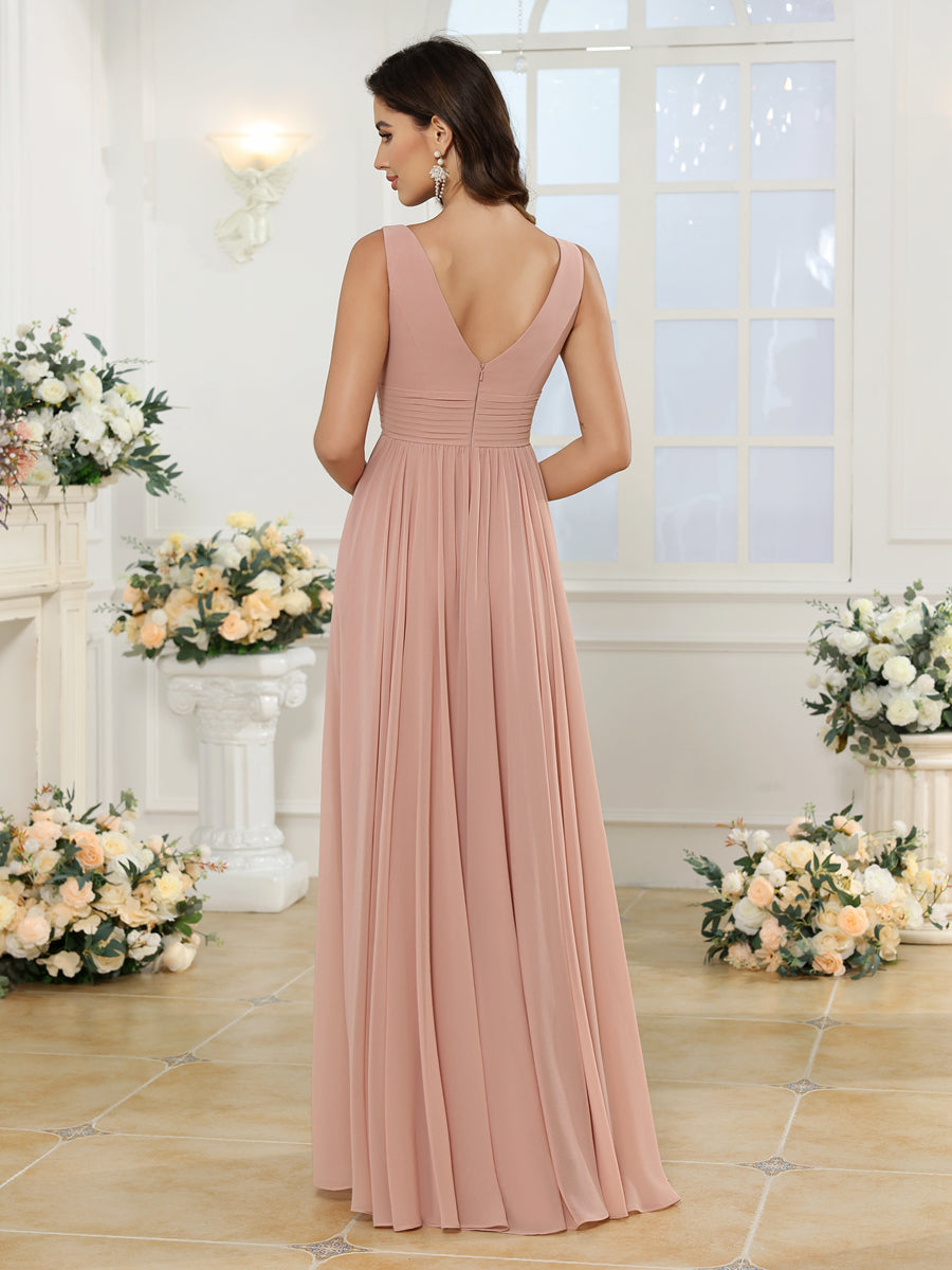 A-Line/Princess V-Neck Long Wedding Party Dresses with Split Side & Pockets