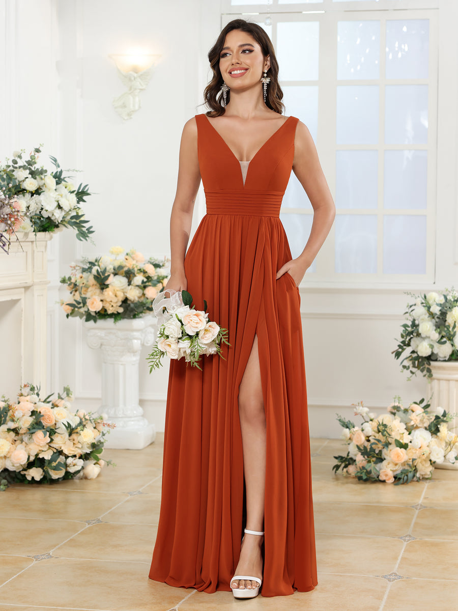 A-Line/Princess V-Neck Long Wedding Party Dresses with Split Side & Pockets