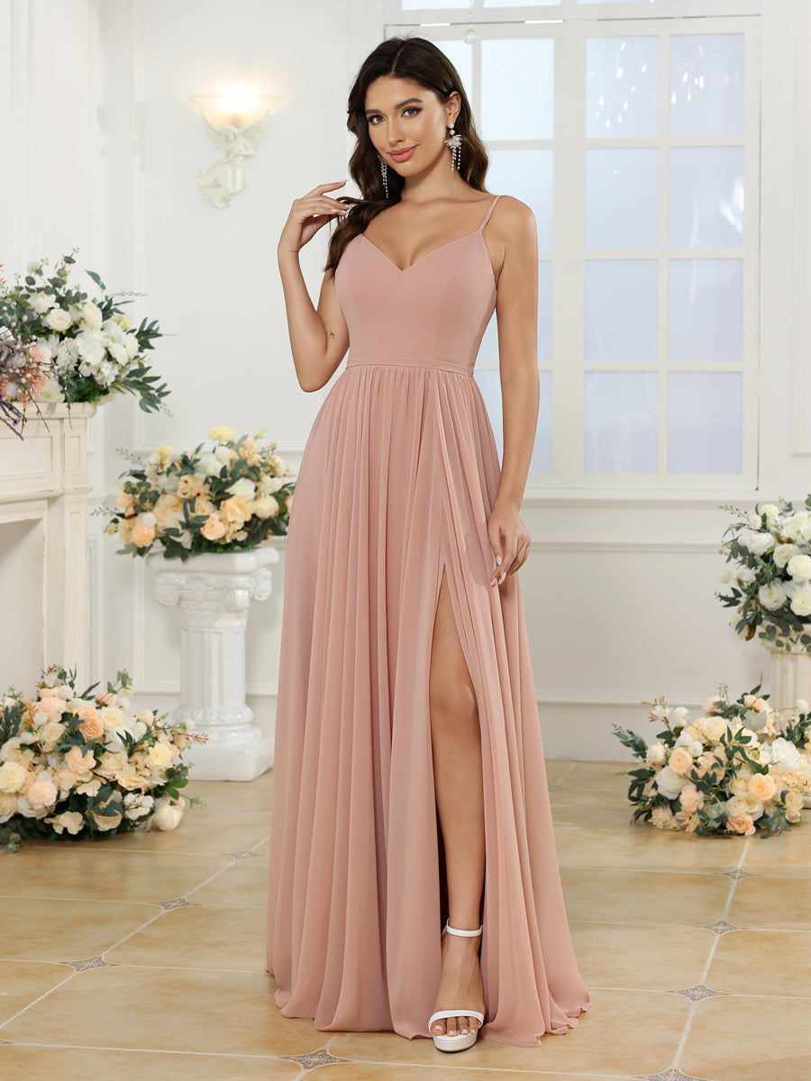 A-Line/Princess Spaghetti Straps Long Wedding Party Dresses with Split Side