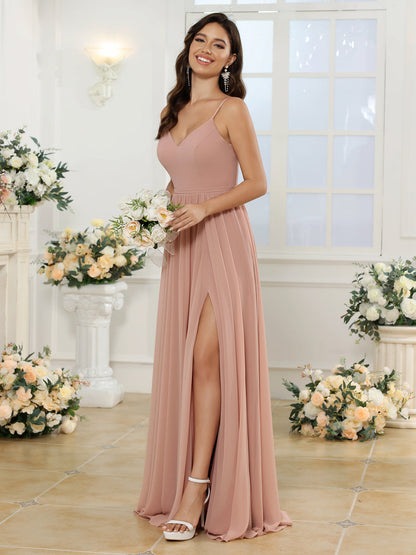 A-Line/Princess Spaghetti Straps Long Wedding Party Dresses with Split Side