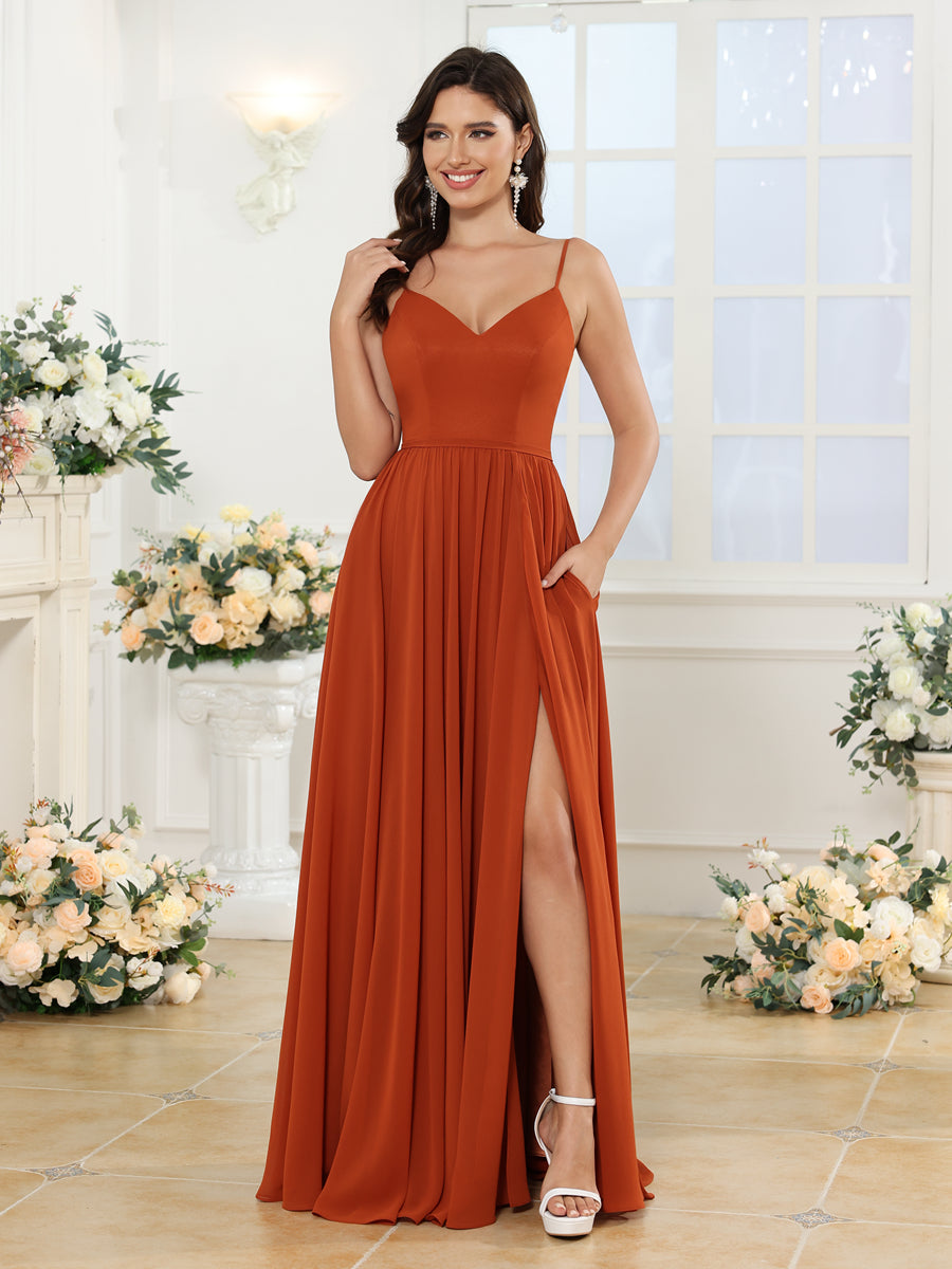 A-Line/Princess Spaghetti Straps Long Wedding Party Dresses with Split Side