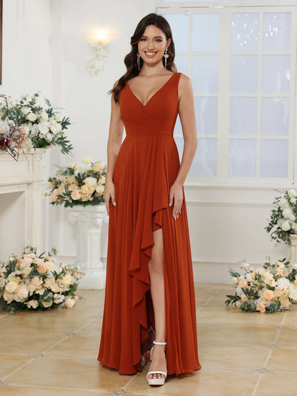 A-Line/Princess V-Neck Long Wedding Party Dresses with Split Side