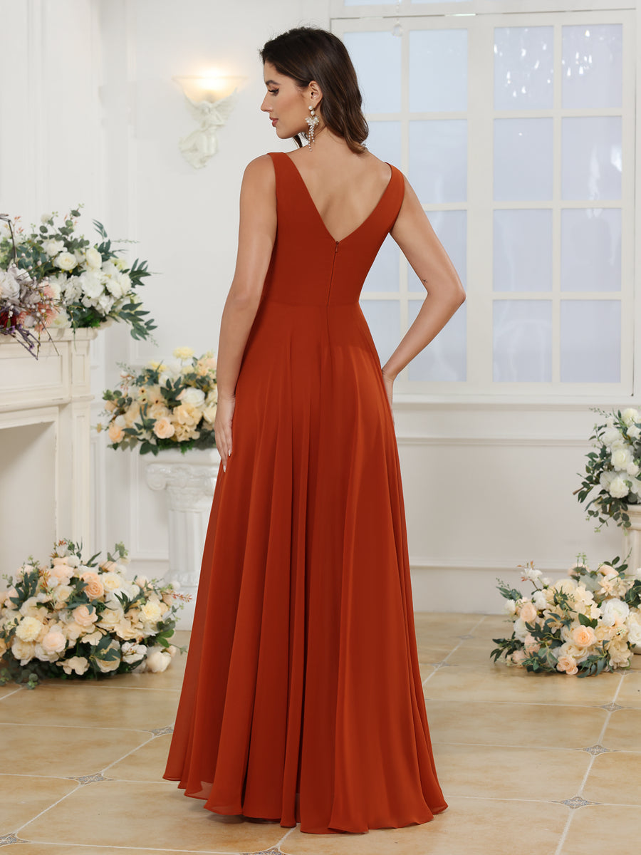 A-Line/Princess V-Neck Long Wedding Party Dresses with Split Side