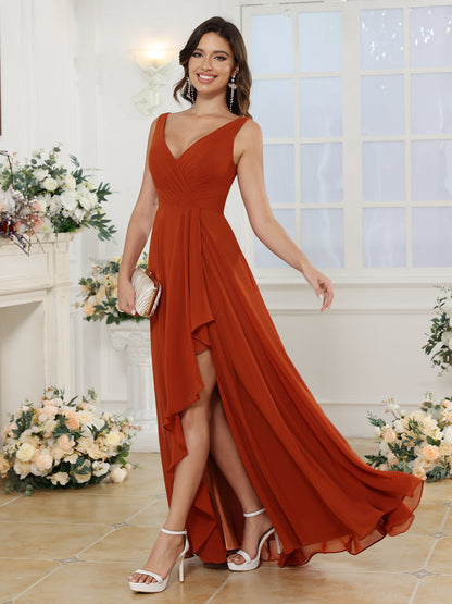 A-Line/Princess V-Neck Long Wedding Party Dresses with Split Side