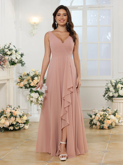 A-Line/Princess V-Neck Long Wedding Party Dresses with Split Side