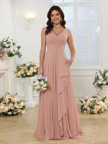 A-Line/Princess V-Neck Long Wedding Party Dresses with Split Side & Pockets