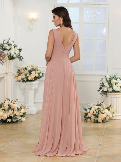 A-Line/Princess V-Neck Long Wedding Party Dresses with Split Side & Pockets