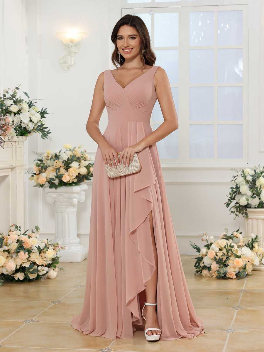 A-Line/Princess V-Neck Long Wedding Party Dresses with Split Side & Pockets