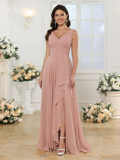 A-Line/Princess V-Neck Long Wedding Party Dresses with Split Side & Pockets