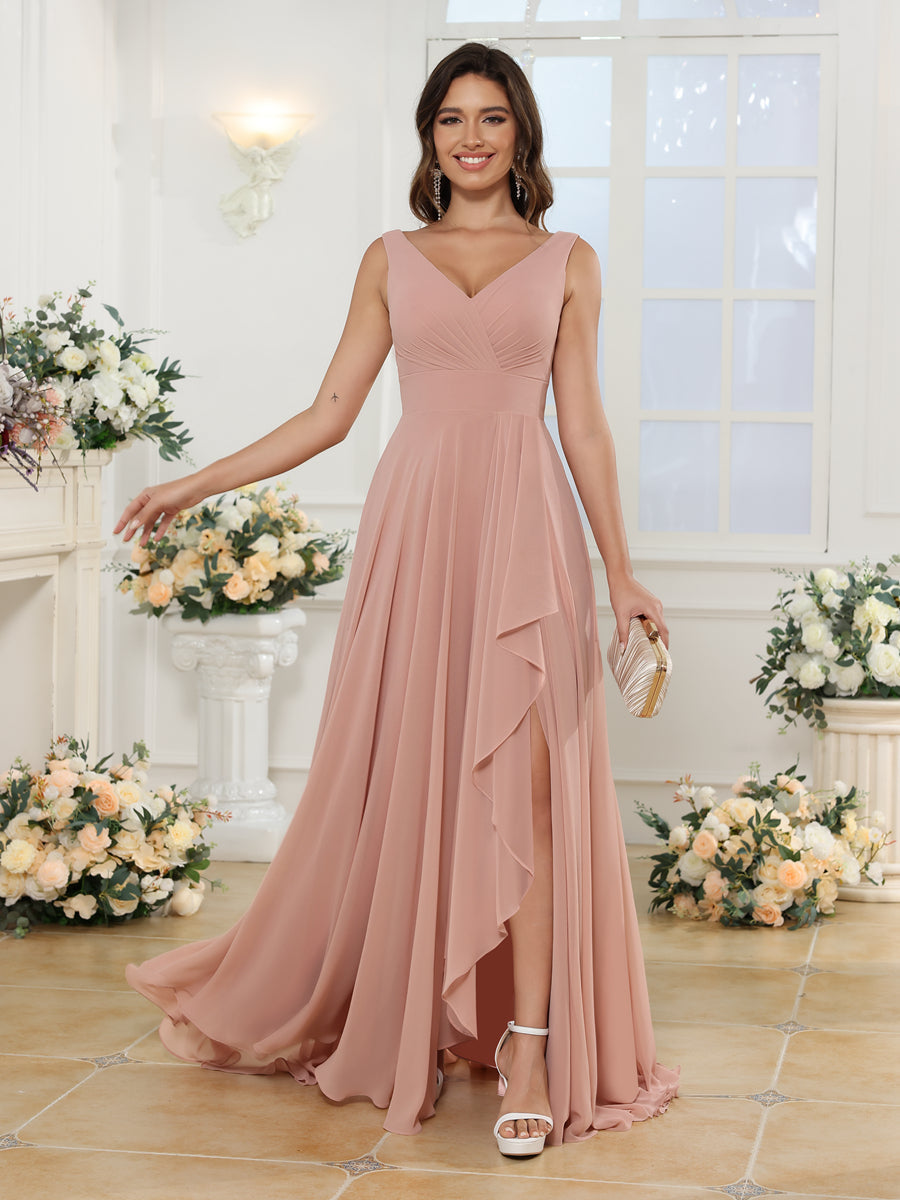 A-Line/Princess V-Neck Long Wedding Party Dresses with Split Side & Pockets