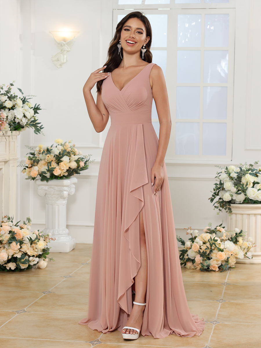 A-Line/Princess V-Neck Long Wedding Party Dresses with Split Side & Pockets