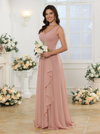 A-Line/Princess V-Neck Long Wedding Party Dresses with Split Side & Pockets