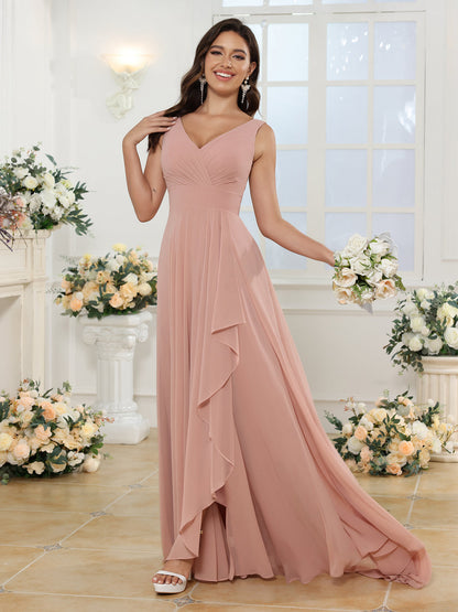 A-Line/Princess V-Neck Long Wedding Party Dresses with Split Side & Pockets