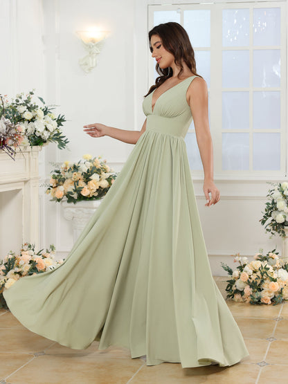 A-Line/Princess V-Neck Long Wedding Party Dresses with Split Side & Pockets