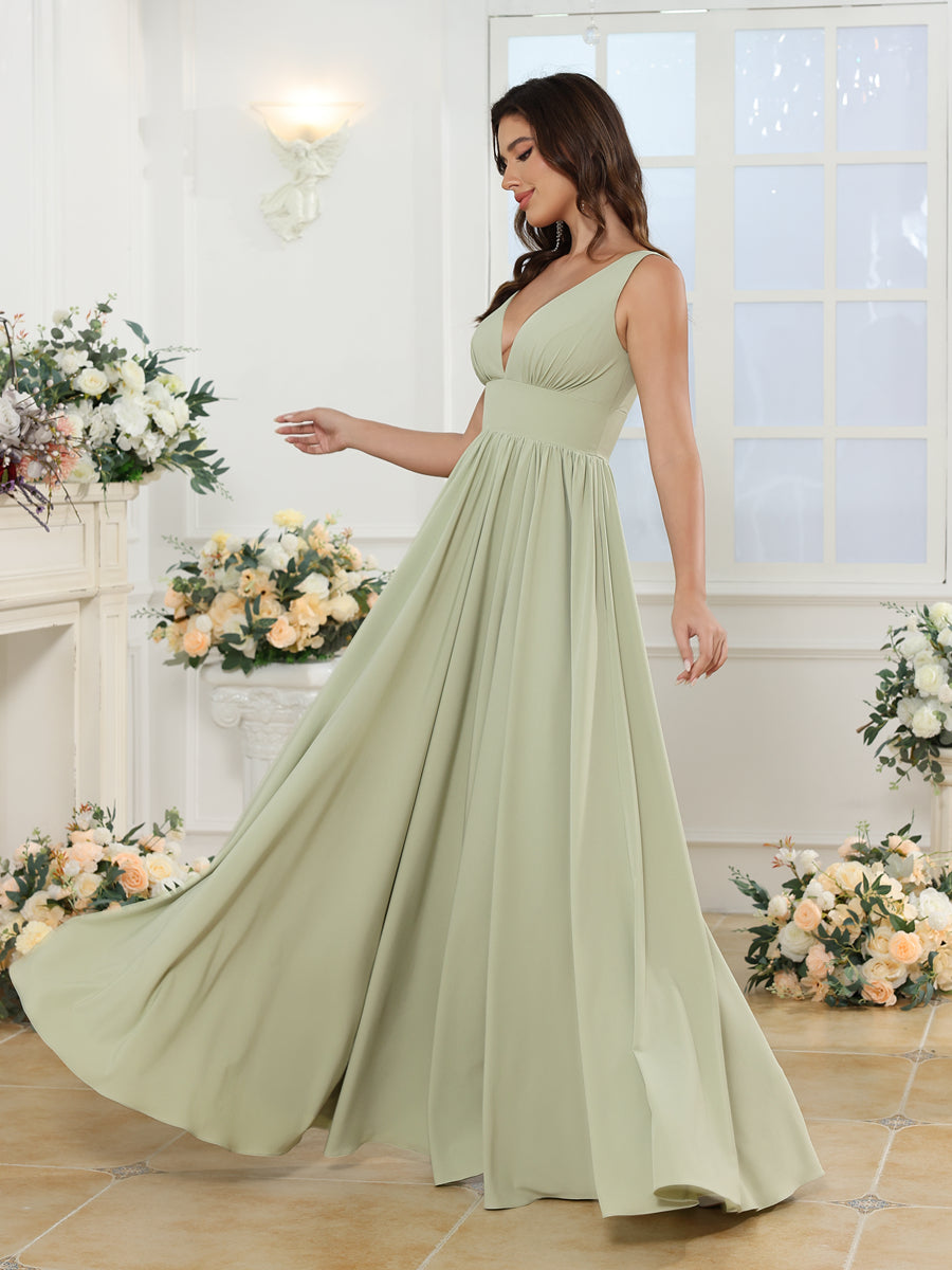 A-Line/Princess V-Neck Long Wedding Party Dresses with Split Side & Pockets