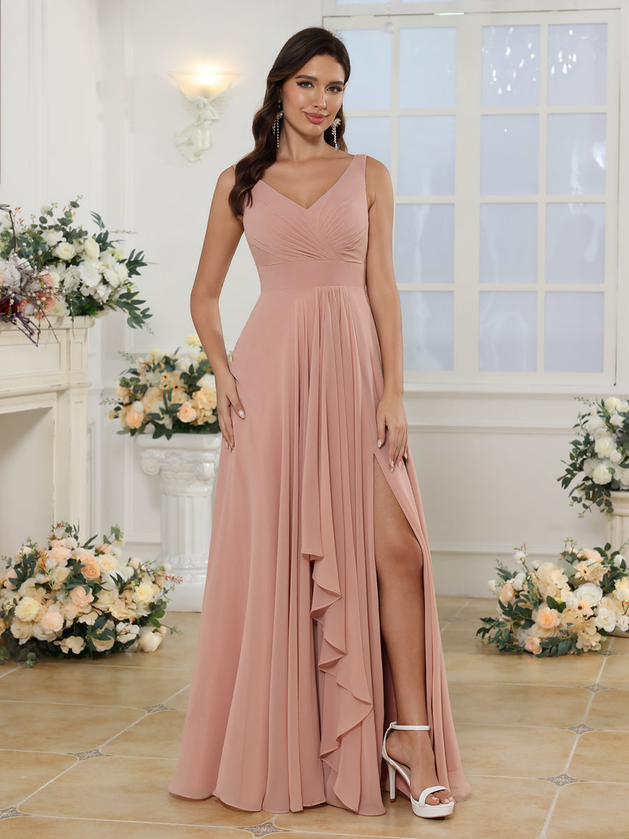 A-Line/Princess V-Neck Long Wedding Party Dresses with Split Side