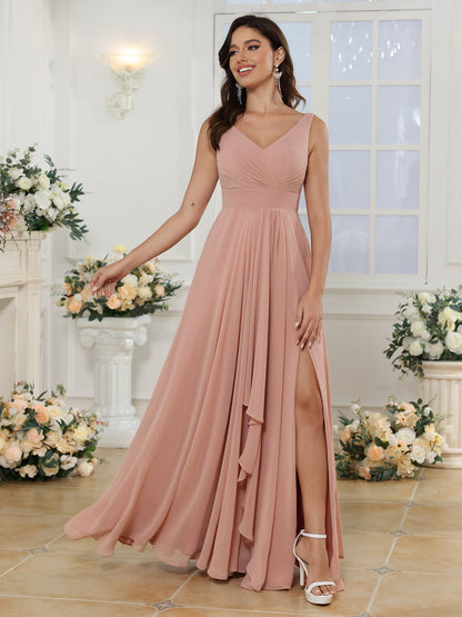 A-Line/Princess V-Neck Long Wedding Party Dresses with Split Side