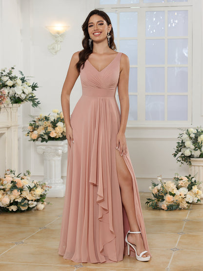 A-Line/Princess V-Neck Long Wedding Party Dresses with Split Side