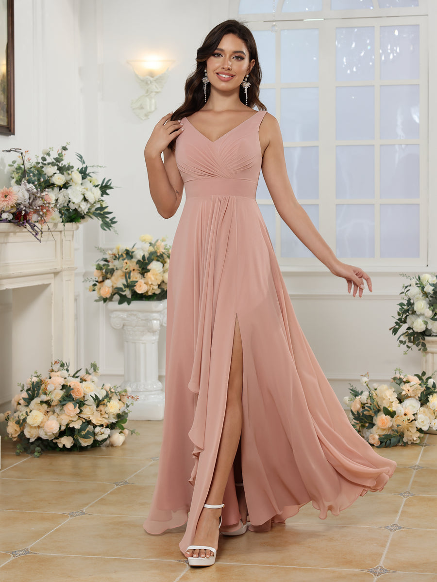 A-Line/Princess V-Neck Long Wedding Party Dresses with Split Side