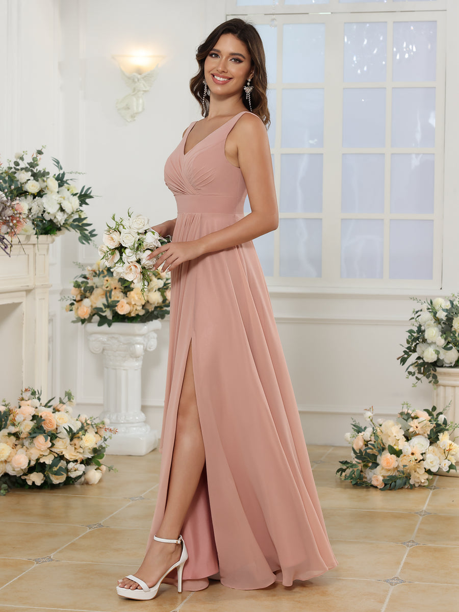 A-Line/Princess V-Neck Long Wedding Party Dresses with Split Side