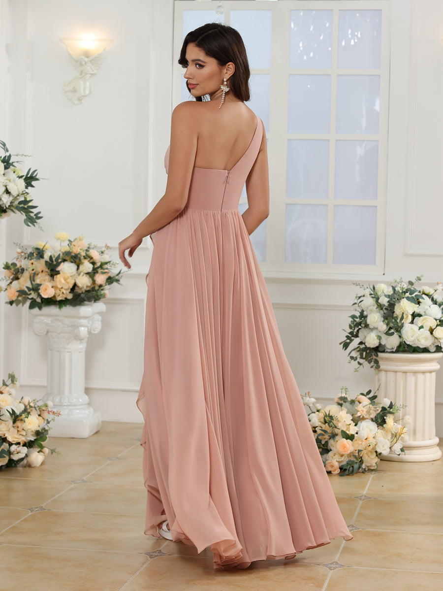 A-Line/Princess One-Shoulder Long Wedding Party Dresses with Split Side