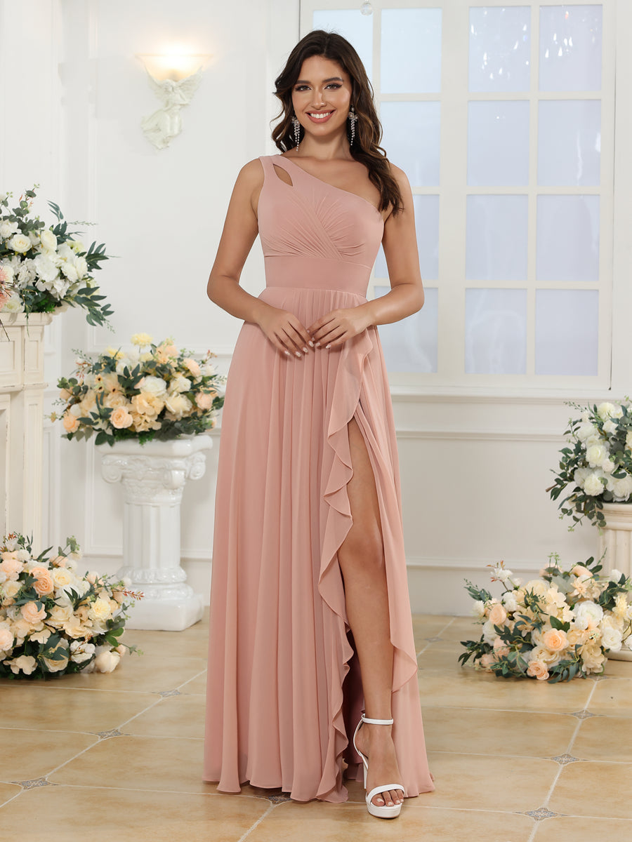 A-Line/Princess One-Shoulder Long Wedding Party Dresses with Split Side