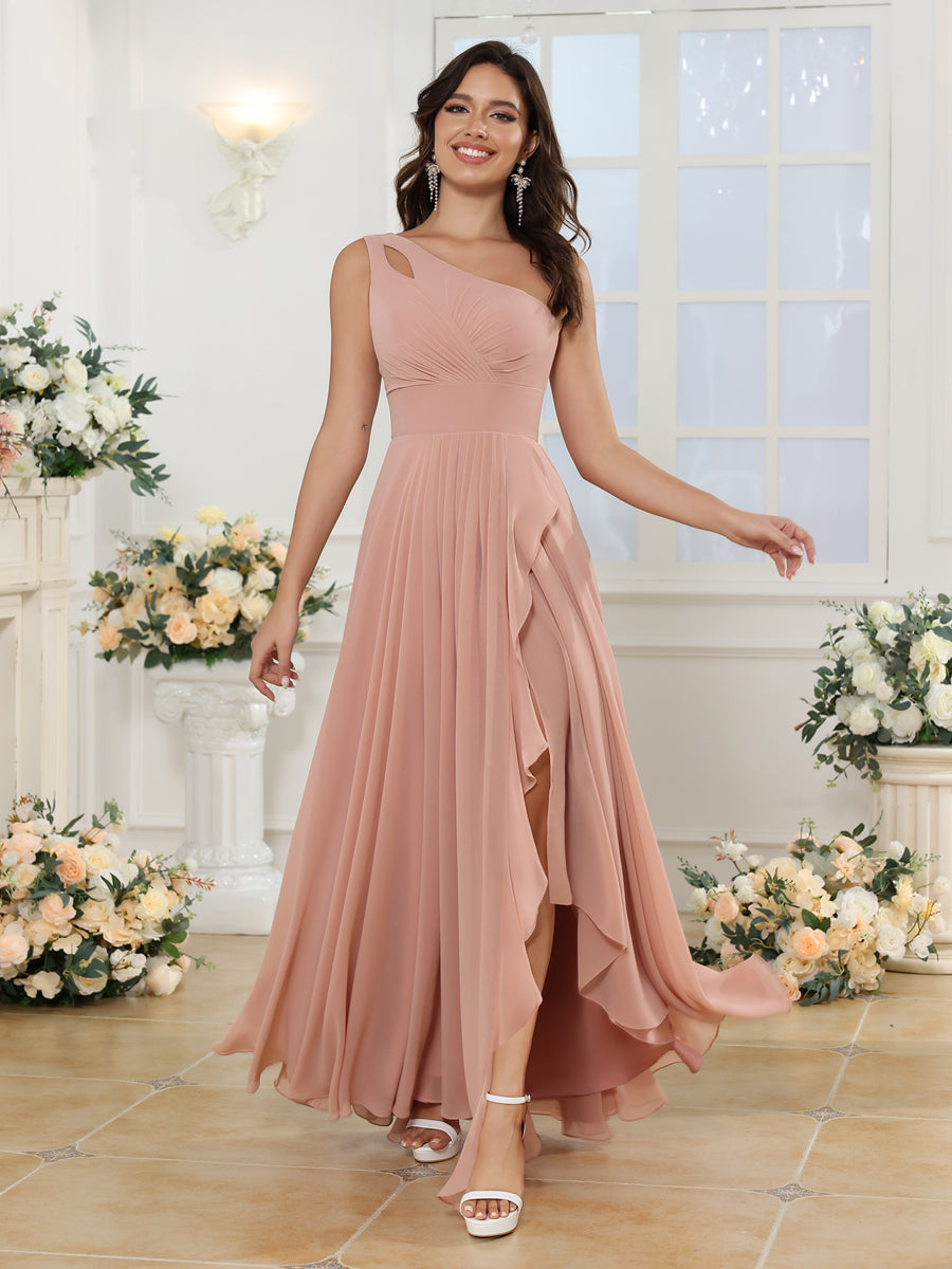 A-Line/Princess One-Shoulder Long Wedding Party Dresses with Split Side