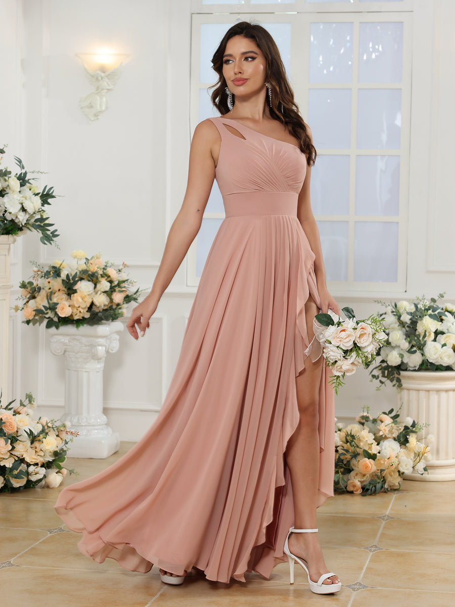 A-Line/Princess One-Shoulder Long Wedding Party Dresses with Split Side