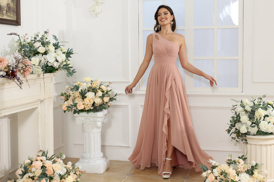 A-Line/Princess One-Shoulder Long Wedding Party Dresses with Split Side