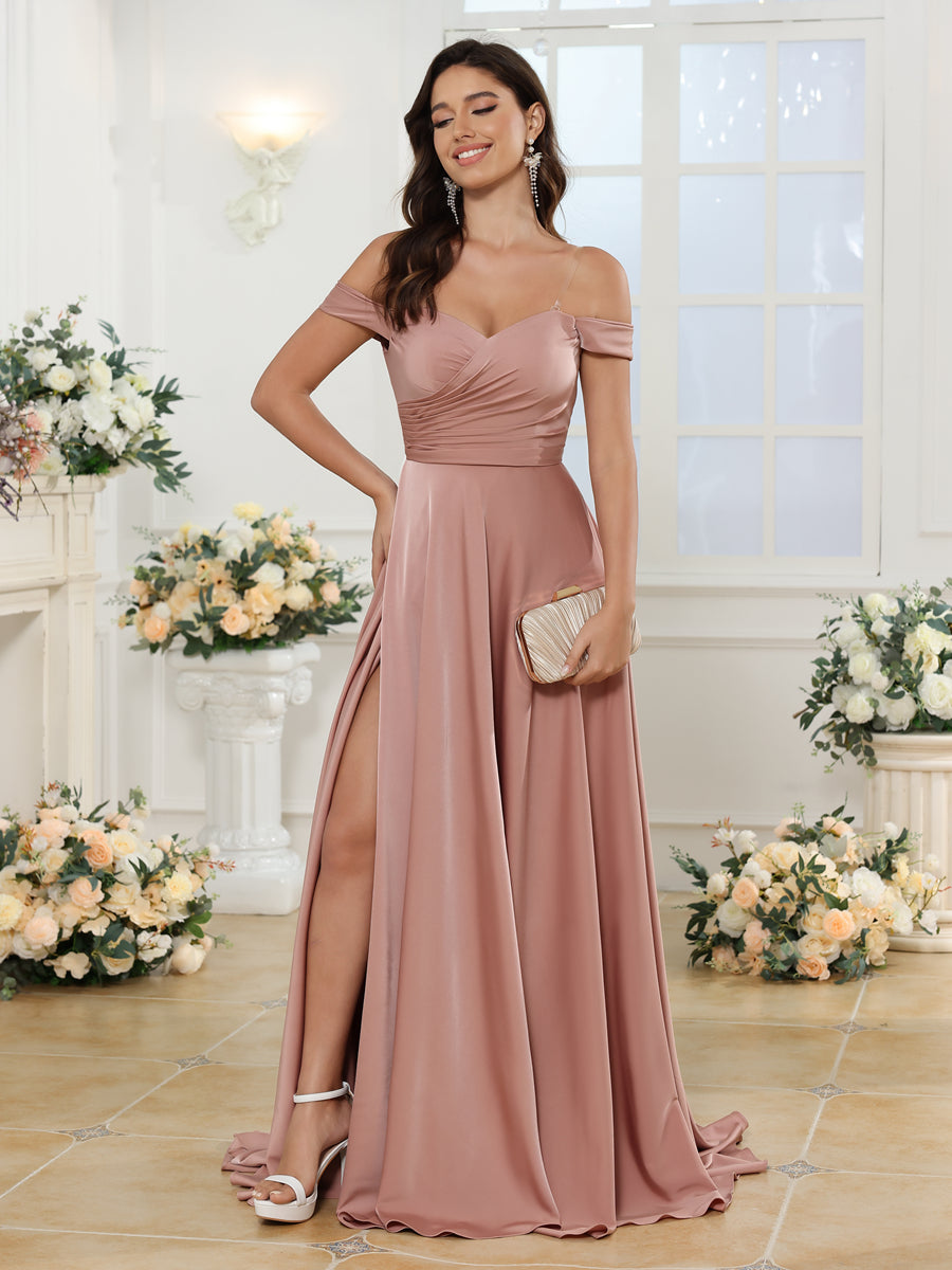 A-Line/Princess Off-the-Shoulder Long Wedding Party Dresses with Split Side