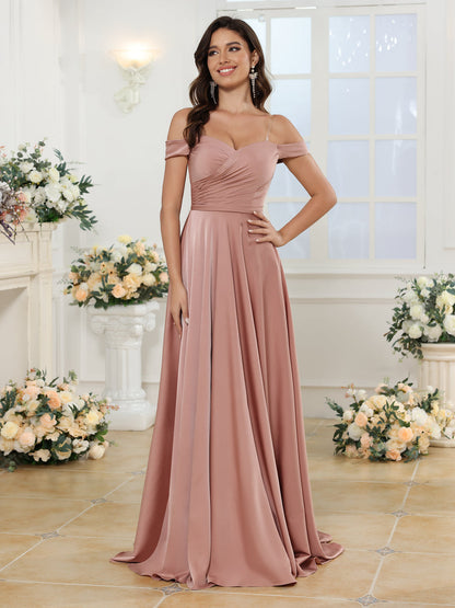 A-Line/Princess Off-the-Shoulder Long Wedding Party Dresses with Split Side