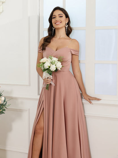 A-Line/Princess Off-the-Shoulder Long Wedding Party Dresses with Split Side