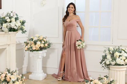 A-Line/Princess Off-the-Shoulder Long Wedding Party Dresses with Split Side